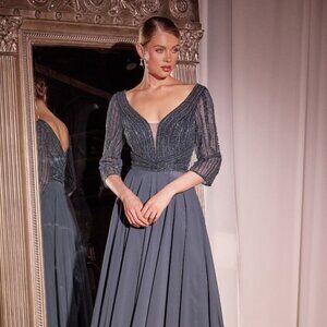 NEW FORMAL A-LINE BEADED MOB DRESS W/ 3/4 SHEER SLEEVES & V-NECKLINE CD CC446